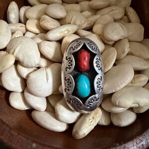 Classic Turquoise and Coral Shadow Box Ring Size 6